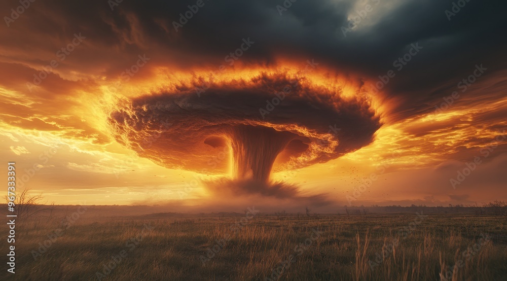 A super wide shot of an enormous mushroom cloud in the distance, a large tornado is coming from it. A super wide shot of an enormous mushroom cloud in the distance, a large tornado is coming from it.