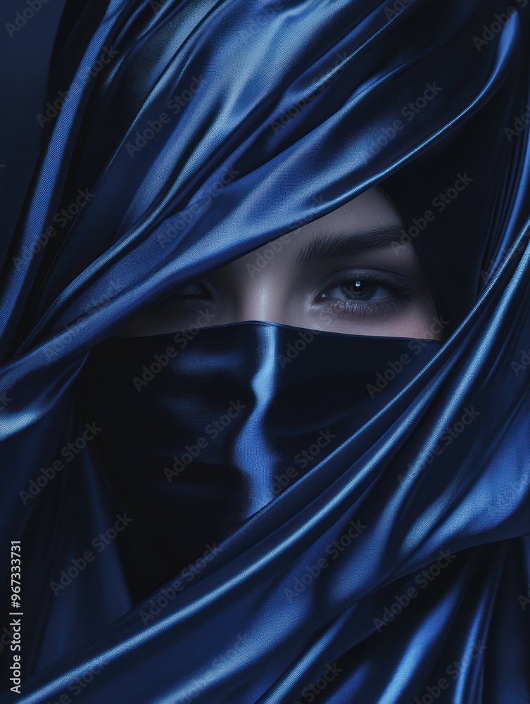 Naklejka premium Blue fabric with silky textures in dynamic movement.
