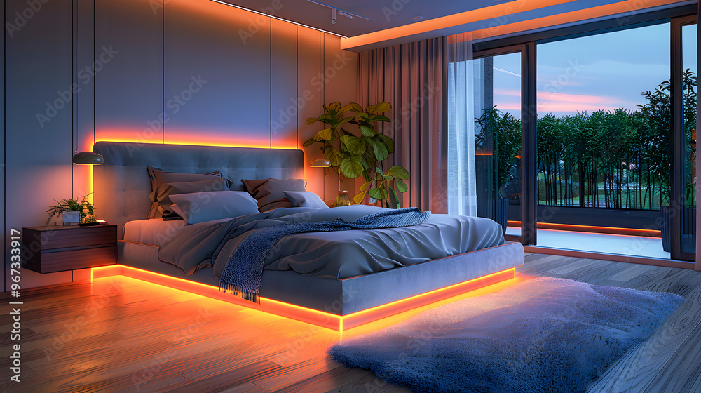 Modern bedroom interior with neon lights glowing ambient in the evening. Luxurious stylish apartment interior Modern bedroom interior with neon lights glowing ambient in the evening. Luxurious stylish apartment interior
