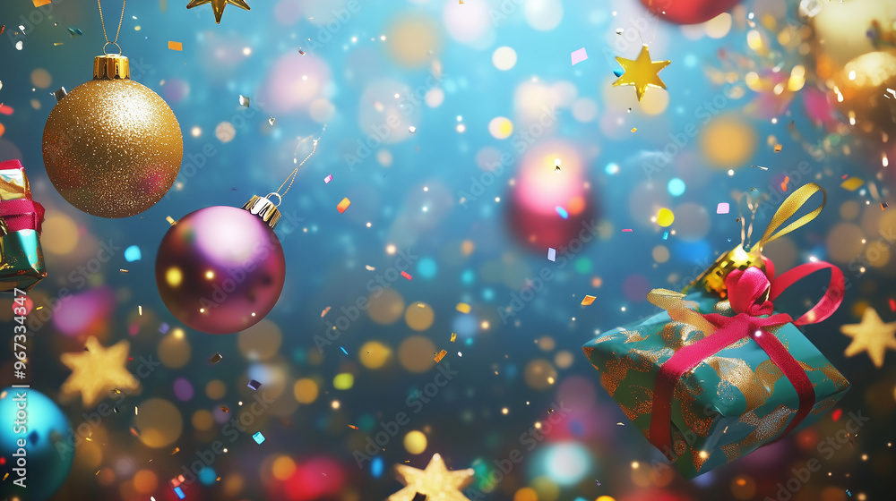 This image captures a festive atmosphere with sparkling holiday ornaments and colorful bokeh lights, symbolizing celebration and joy during the Christmas season.