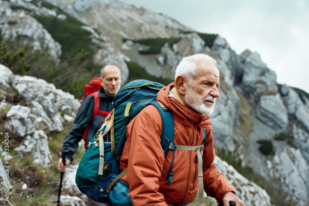 Two elderly hikers navigate a rocky mountain trail, equipped with backpacks and trekking poles, enjoying the serene outdoor adventure. Two elderly hikers navigate a rocky mountain trail, equipped with backpacks and trekking poles, enjoying the serene outdoor adventure.