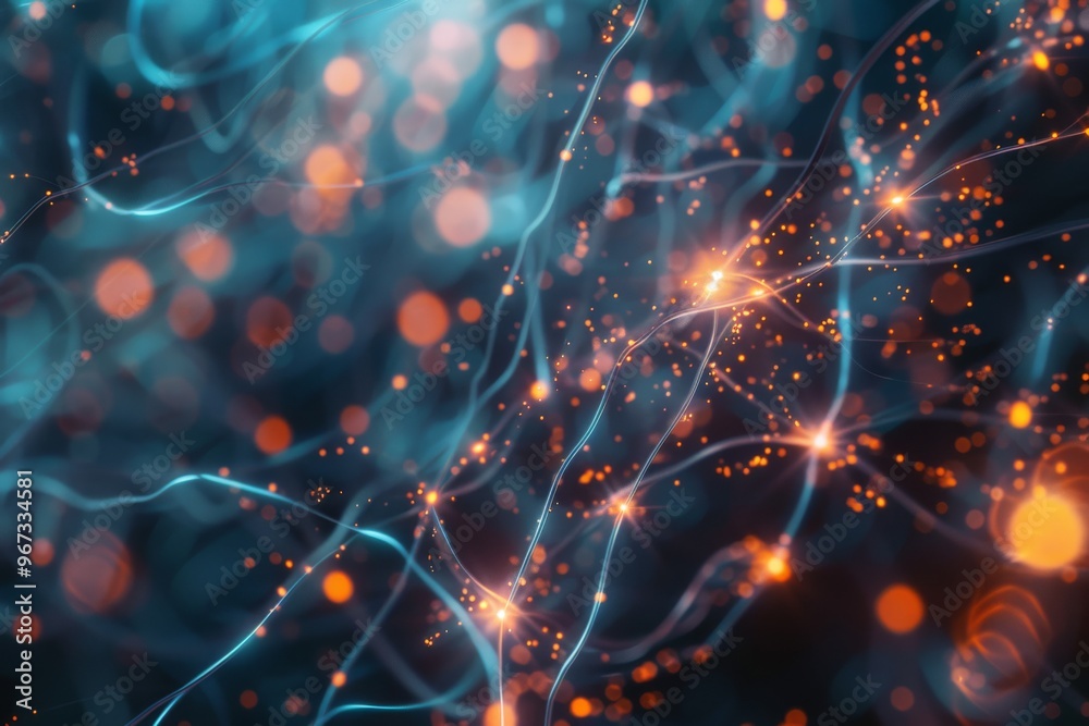 An intricate, glowing web of neon blue and orange threads reminiscent of neural connections, set against a dark, blurred background.