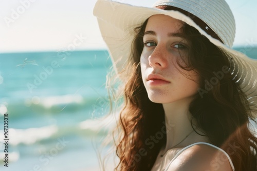 A young woman in a white hat stands by the sea, her hair flowing with the breeze, embodying carefree summer vibes. photo