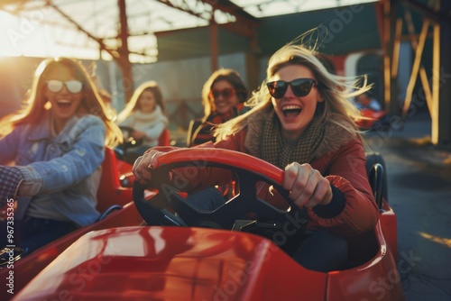 A group of friends enjoys an exhilarating go-kart ride, with bright smiles and windblown hair creating a picture of sheer joy and excitement. photo