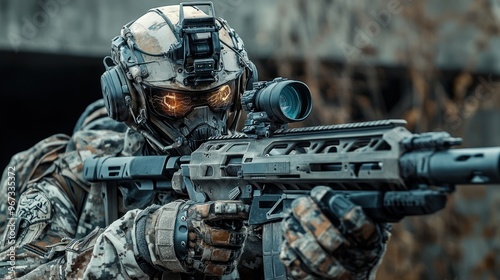 Futuristic Soldier Aiming Rifle