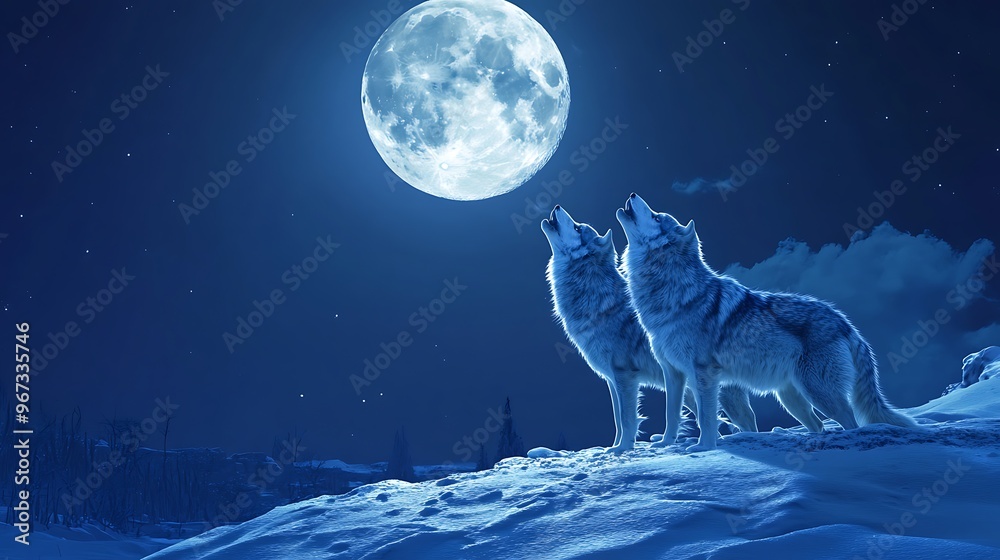 custom made wallpaper toronto digitalTwo wolves howl at the full moon on a snowy night.
