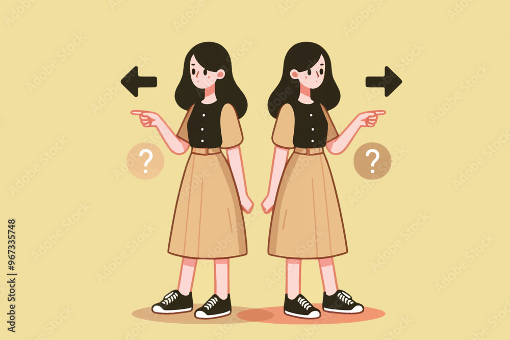 The twin girls hesitated in choosing an option and pointed their fingers left and right to determine the direction of the destination The twin girls hesitated in choosing an option and pointed their fingers left and right to determine the direction of the destination