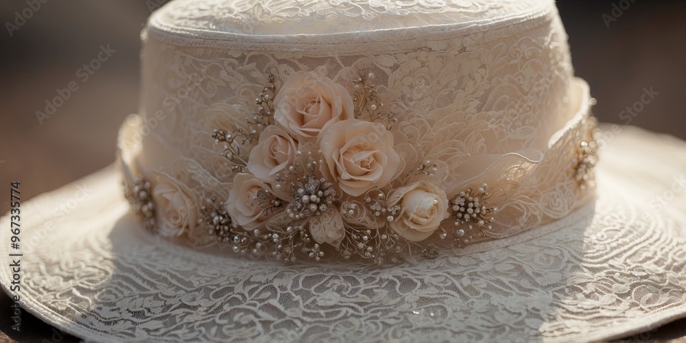The delicate lace and beadwork on a ladys racing hat a stylish and traditional accessory in the world of horse racing. The delicate lace and beadwork on a ladys racing hat a stylish and traditional accessory in the world of horse racing.