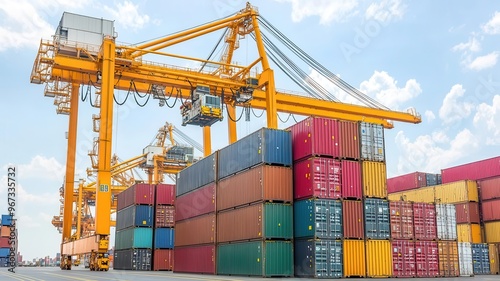Automated cranes moving containers at a high-tech shipping port, Modern shipping, logistics automation