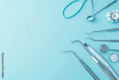 A flat lay photo of various dental tools neatly arranged on a light blue background, emphasizing cleanliness and precision in dental care.