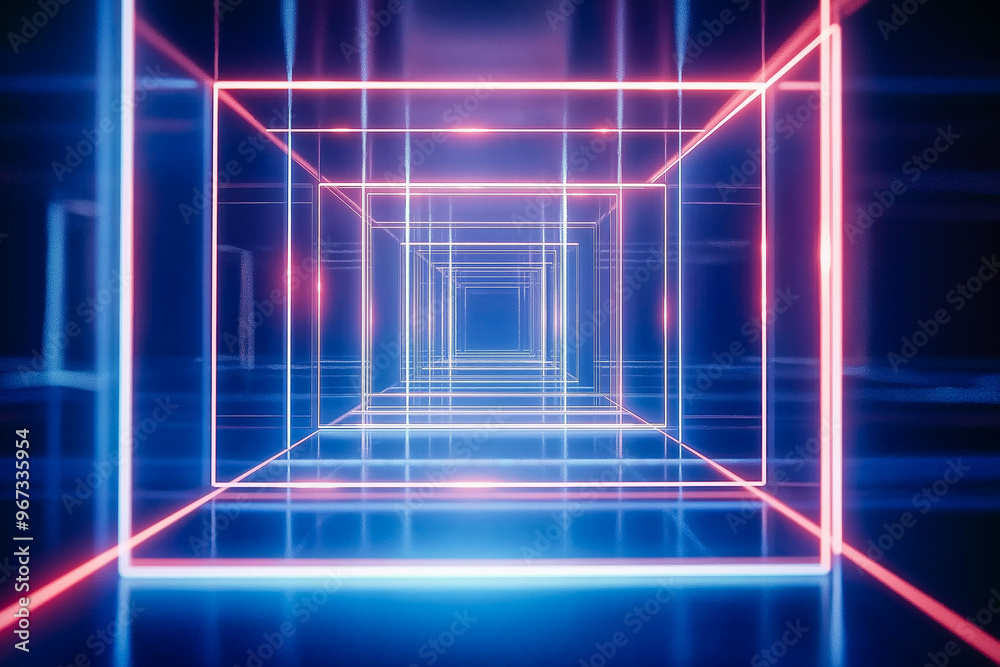 Futuristic background with pink neon glowing rectangular frames on dark background. Futuristic background with pink neon glowing rectangular frames on dark background.