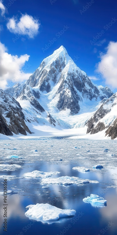 Obraz premium Stunning snow-covered mountain peaks reflected in a serene icy lake under a clear blue sky.