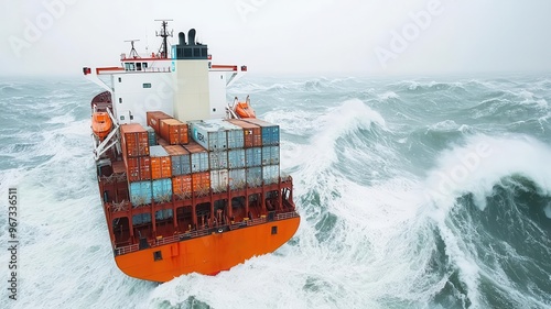 Fototapeta Naklejka Na Ścianę i Meble -  Cargo ship navigating through rough seas with towering waves, Maritime shipping, ocean journey