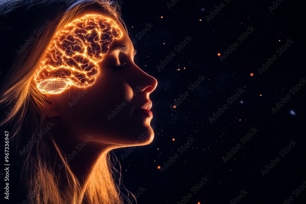 Mental interface mental pattern biophoton transmission and neuron signaling woman with glowing brain design on face emphasizing neural connectivity and mental processes Mental interface mental pattern biophoton transmission and neuron signaling woman with glowing brain design on face emphasizing neural connectivity and mental processes