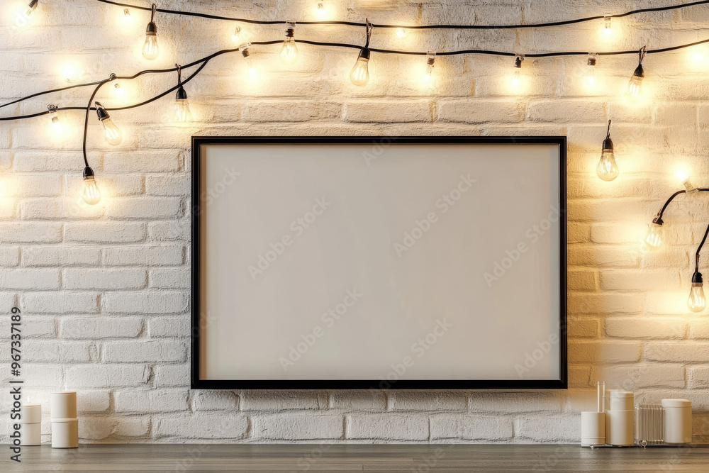 A white brick wall with string lights, a blank black picture frame on the front. Created with Ai