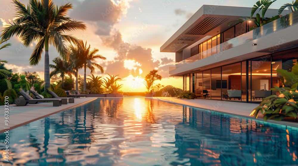 Fototapeta premium Luxury home with modern pool at sunrise, contemporary villa architecture, resort style hotel with beautiful interior and exterior design, backyard view