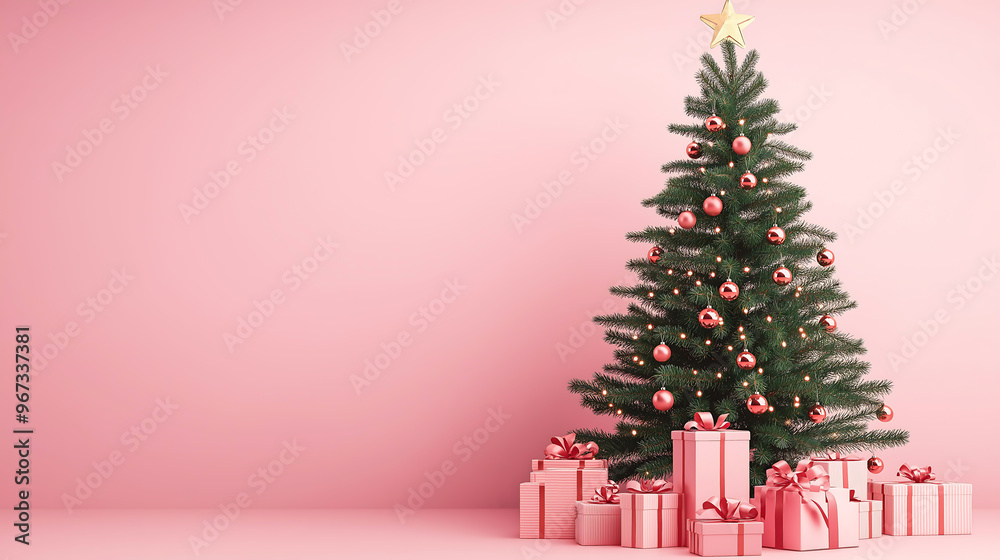 Christmas tree surrounded with gifts, Decorated Christmas tree on pink background Christmas tree surrounded with gifts, Decorated Christmas tree on pink background