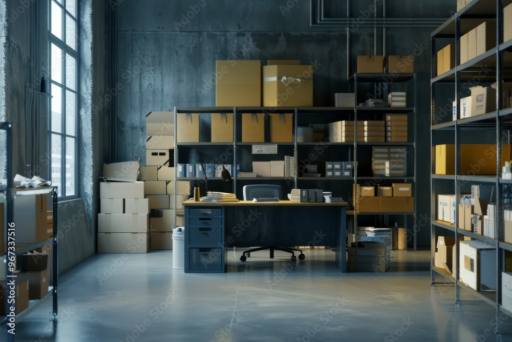 An office storage room with shelves full of boxes and supplies, illuminated by natural light filtering through a nearby window. An office storage room with shelves full of boxes and supplies, illuminated by natural light filtering through a nearby window.