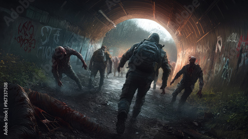 A group of survivors running through a tunnel, with zombies closing in from both sides. The tunnel is dimly lit, with graffiti on the walls and debris scattered across the ground.