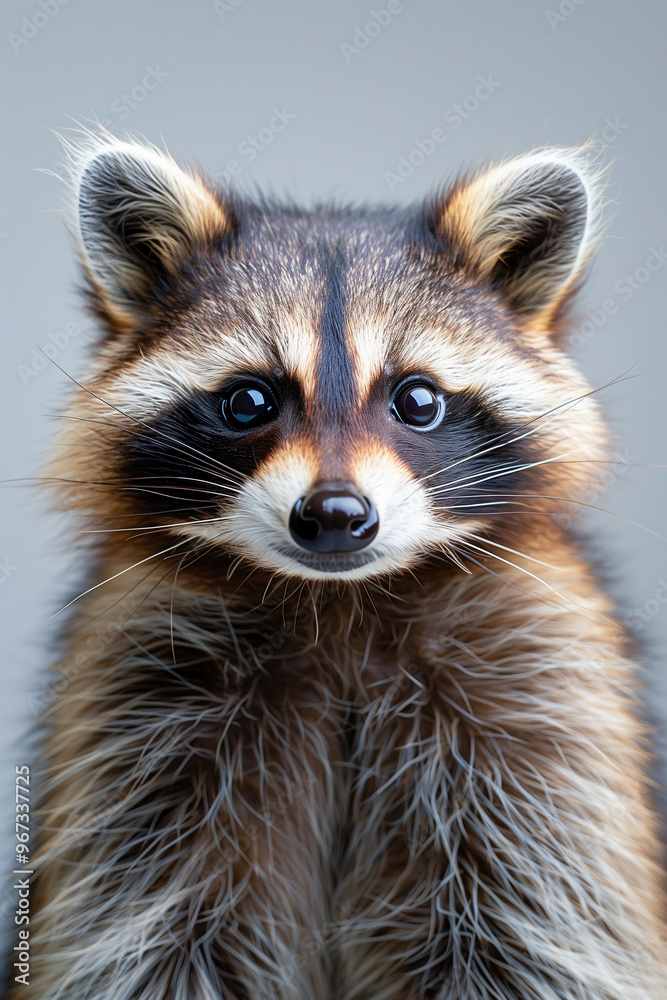 Portrait of cute raccoon on grey background.