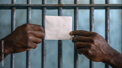 Close-up of a prisoner s hands passing a note through the bars, Communication in jail, secret exchange photo