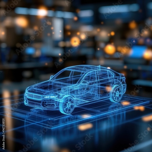 3D holographic model of a modern car showcasing advanced technology and design in a futuristic environment.