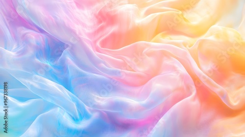 A flowing vegan fabric with bright, multicolored tie-dye patterns, billowing against a soft, pastel background with gentle, diffuse light, playful and artistic mood