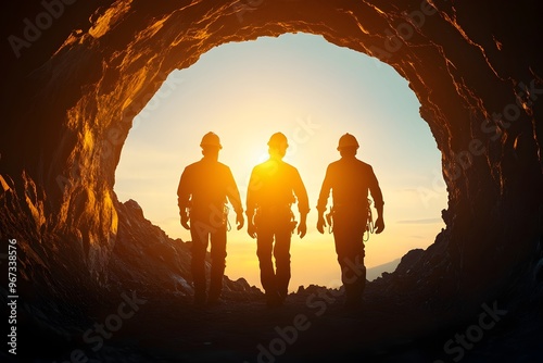 Silhouetted Coal Miners Exiting Mine Shaft After Shift Showcasing Hard Work,Tradition,and Industrial Energy. A group of coal miners walking out of a mine shaft after a long shift. photo