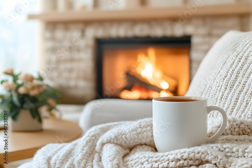 Cozy and inviting living room interior with a crackling fireplace,warm and ambient lighting,and a comfortable couch draped in soft,cozy blankets.