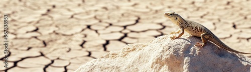 A solitary lizard on a scorching desert rock, heatwaves radiating from the ground, barren and dry landscape, intense heatwave imagery