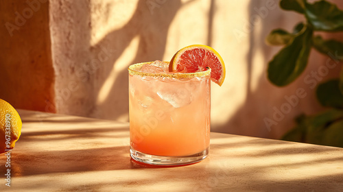 Spicy Paloma drink in modern off-white minimalist trendy stylish vegan plant-based cafe bar setting with stucco concrete wall, product photography, outdoors, sunny, beverage, bright, shadow play