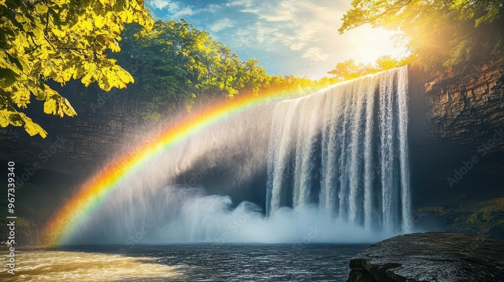 A vibrant rainbow arching over a majestic waterfall, mist rising from the cascade, sunlight breaking through the trees, a serene and magical nature scene A vibrant rainbow arching over a majestic waterfall, mist rising from the cascade, sunlight breaking through the trees, a serene and magical nature scene