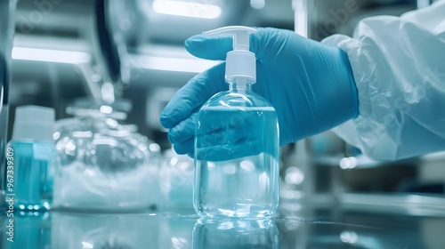 Hand sanitizer gel being dispensed in a healthcare setting, hospital environment, bright sterile light, white and blue tones, mood of cleanliness and healthcare professionalism photo