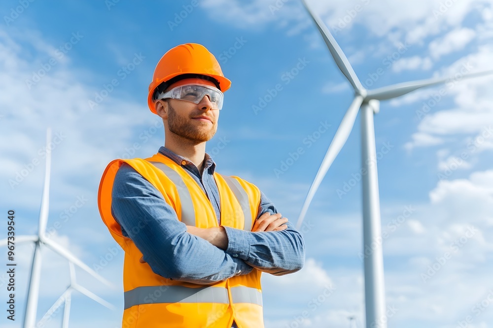 Technician in safety harness performing maintenance check on a wind turbine,highlighting the engineering,safety,and renewable energy involved in wind power infrastructure.