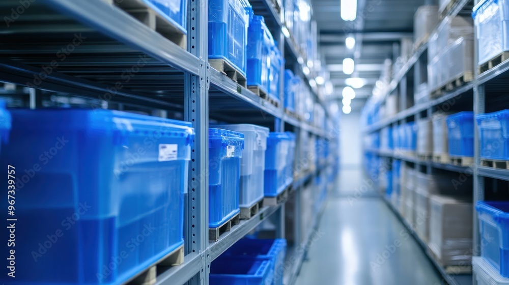 Warehouse Rows with Blue Storage Bins Warehouse Rows with Blue Storage Bins