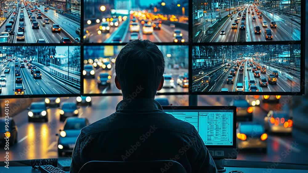 Security operator monitoring multiple traffic camera feeds in control room, cityscape views on screens showing busy streets and highways at night, surveillance and urban management concept