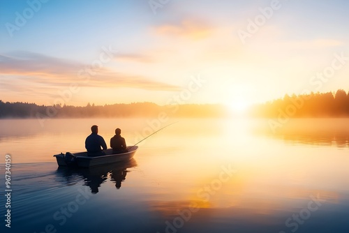 A peaceful scene of a father and son quietly fishing together on a calm lake at sunrise,their small boat gently rocking on the still water as mist rises around them.