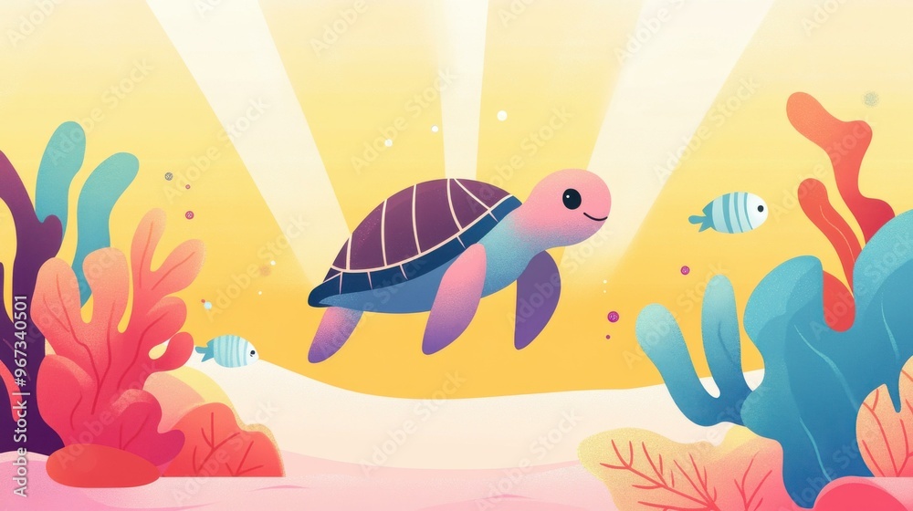 Fototapeta premium Dive into a vibrant animation that highlights the beauty and diversity of underwater life in a tranquil ocean setting.
