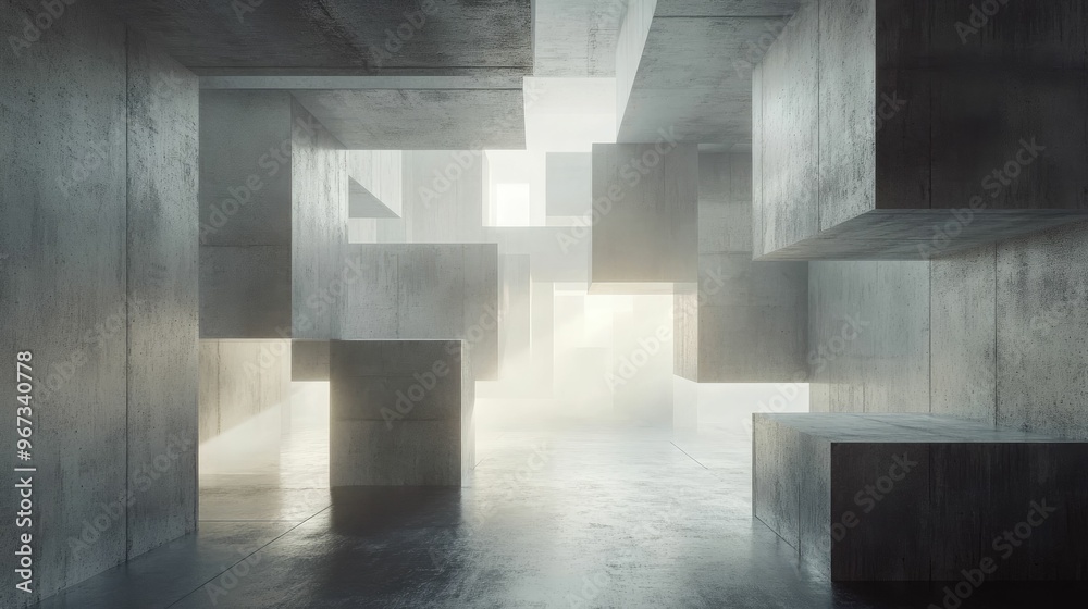 Obraz premium Abstract concrete space with geometric shapes and light.