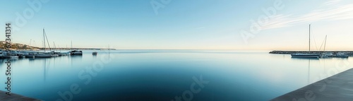 Ocean breeze carrying salty air over a quiet harbor, boats bobbing gently, the distant horizon calm and peaceful, capturing a gentle coastal moment