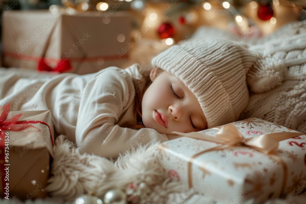 Innocence and comfort fill room while girl dreams sweetly. Child serene slumber hints wonder of holiday traditions. Innocence of childhood dreams and magic of holiday season. Innocence and comfort fill room while girl dreams sweetly. Child serene slumber hints wonder of holiday traditions. Innocence of childhood dreams and magic of holiday season.