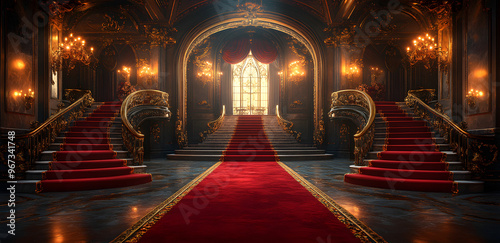“A Red Carpet Leading to an Opulent Entrance with Gold Pillars, Elegant Lighting, and Lavish Decor, Symbolizing Prestige, Luxury, and Sophistication for Glamorous Events and Ceremonies”
