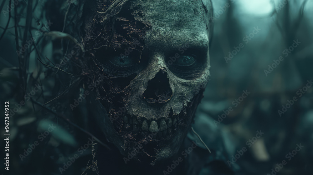 A terrifying zombie face, eyes sunken deep into their sockets, with its flesh peeling away, revealing a skeletal grin.