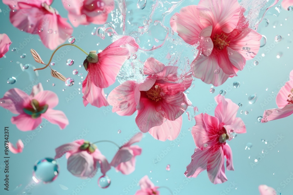Fototapeta premium Pink flowers and water droplets suspended in mid-air against a blue backdrop, creating a dreamy, ethereal vibe.