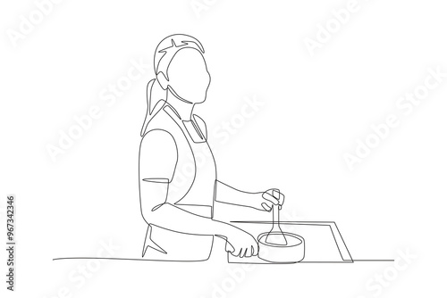 Woman cooking. Doing house chores concept one-line drawing