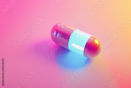 A single vibrant pill rests on a gradient background of pink and blue, symbolizing modern medicine and pharmaceuticals.