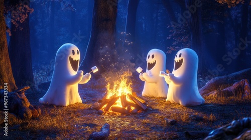 Three cheerful ghosts roasting marshmallows by campfire. photo