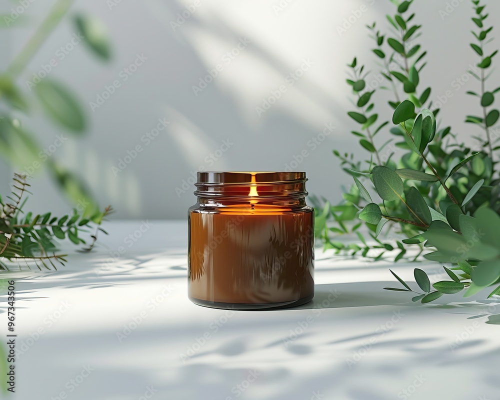 A glowing candle in an amber jar surrounded by fresh greenery, creating a serene and inviting atmosphere.
