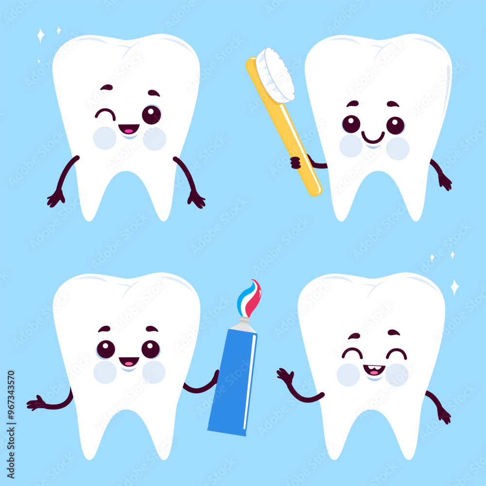 Cute cartoon teeth characters with toothbrush and toothpaste. Dental hygiene characters set. Vector illustration Cute cartoon teeth characters with toothbrush and toothpaste. Dental hygiene characters set. Vector illustration