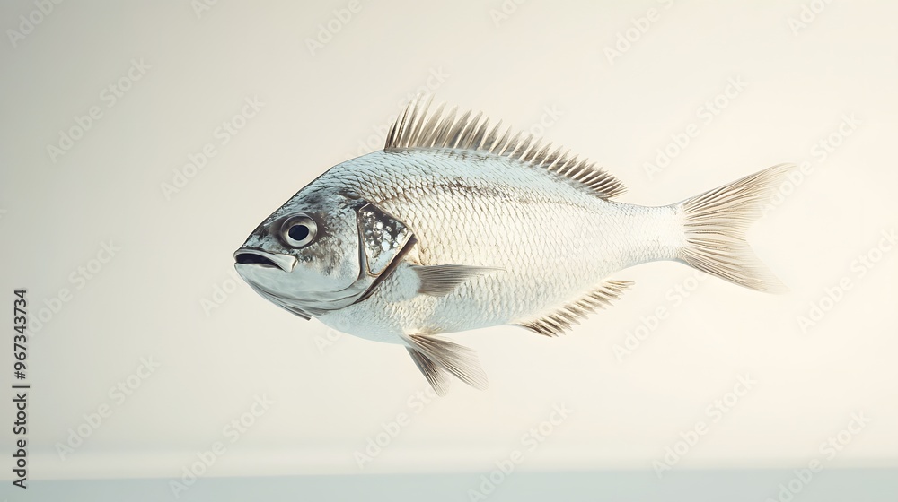 40. **A 3D render of a fresh sea bream falling, its shiny scales and body details visible against a clean white background 40. **A 3D render of a fresh sea bream falling, its shiny scales and body details visible against a clean white background